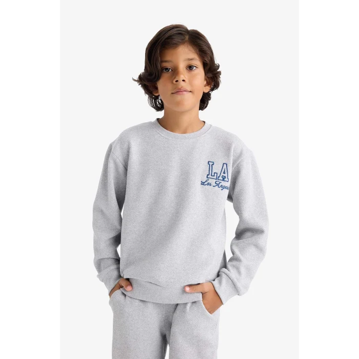 Defacto F2593A8GR377 Gri Erkek Çocuk 2li Takım Baskılı Sweatshirt Eşofman Altı