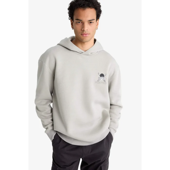 Defacto E9297AXGR454 Gri One Piece Boxy Fit Kapüşonlu Sırt Baskılı Sweatshirt