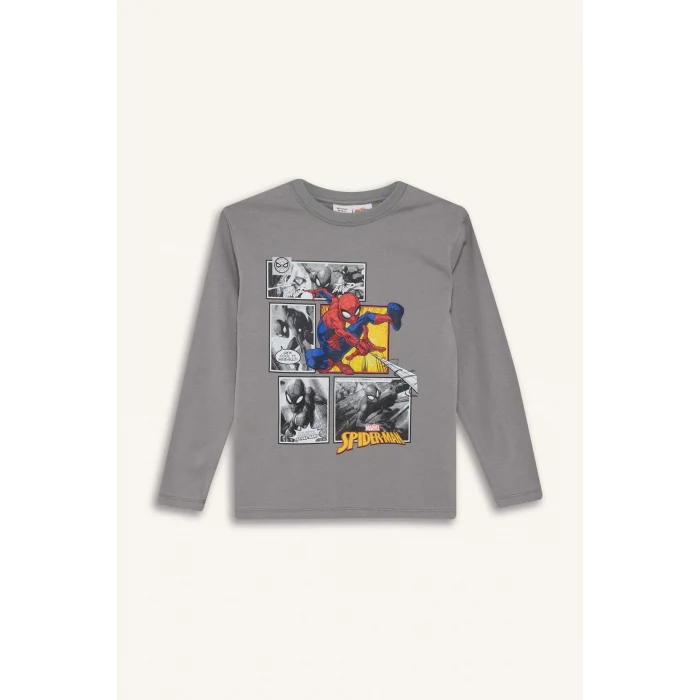 Defacto F4813A8GR455 Gri Erkek Çocuk Marvel Games Spiderman Bisiklet Yaka Uzun Kollu Tişört