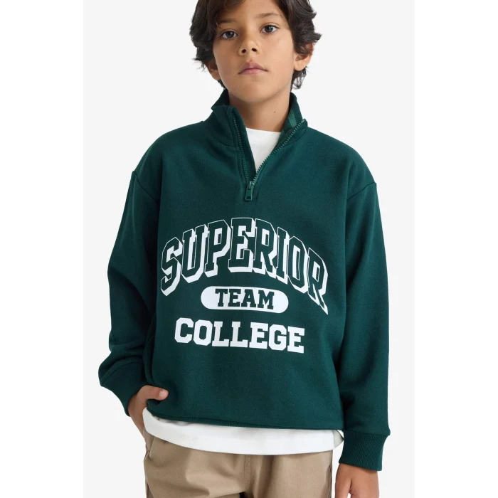 Defacto F2710A8GN1070 Yeşil Erkek Çocuk Dik Yaka Fermuarlı Baskılı Okul Sweatshirt
