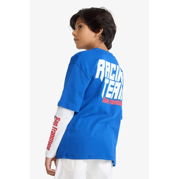 Defacto F1962A8BE169 Mavi Erkek Çocuk Oversize Geniş Kalıp Bisiklet Yaka Sırt Baskılı Uzun Kollu Tişört