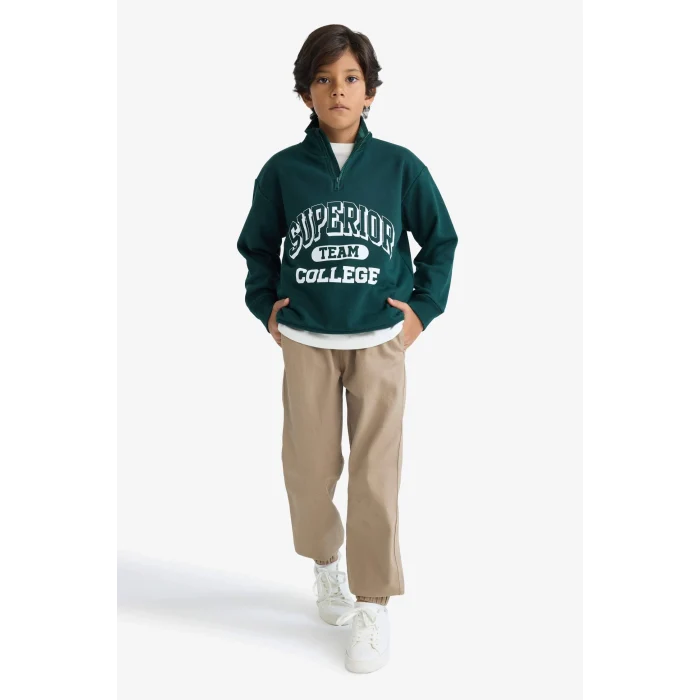 Defacto F2710A8GN1070 Yeşil Erkek Çocuk Dik Yaka Fermuarlı Baskılı Okul Sweatshirt