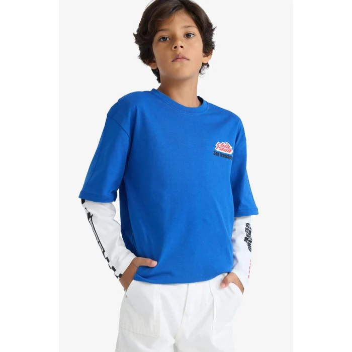 Defacto F1962A8BE169 Mavi Erkek Çocuk Oversize Geniş Kalıp Bisiklet Yaka Sırt Baskılı Uzun Kollu Tişört