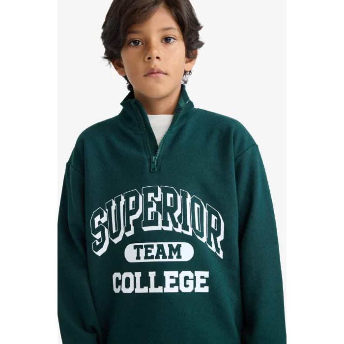 Defacto F2710A8GN1070 Yeşil Erkek Çocuk Dik Yaka Fermuarlı Baskılı Okul Sweatshirt