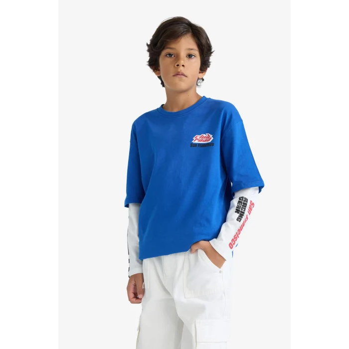 Defacto F1962A8BE169 Mavi Erkek Çocuk Oversize Geniş Kalıp Bisiklet Yaka Sırt Baskılı Uzun Kollu Tişört