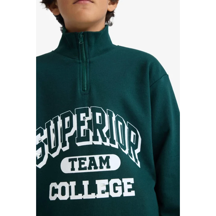 Defacto F2710A8GN1070 Yeşil Erkek Çocuk Dik Yaka Fermuarlı Baskılı Okul Sweatshirt