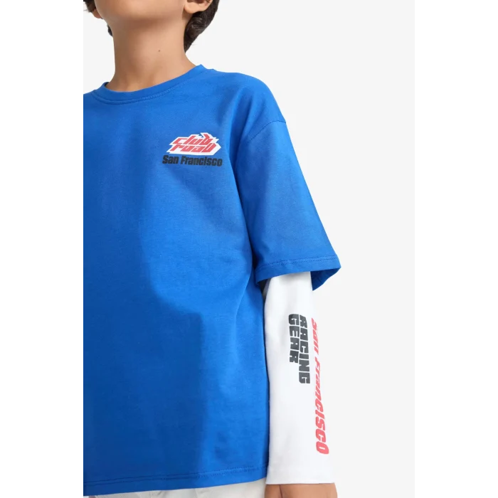 Defacto F1962A8BE169 Mavi Erkek Çocuk Oversize Geniş Kalıp Bisiklet Yaka Sırt Baskılı Uzun Kollu Tişört