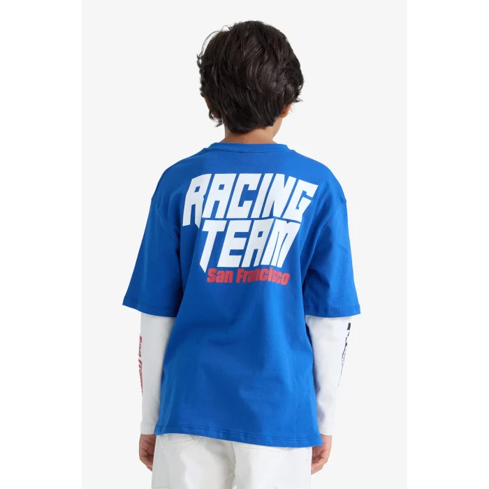 Defacto F1962A8BE169 Mavi Erkek Çocuk Oversize Geniş Kalıp Bisiklet Yaka Sırt Baskılı Uzun Kollu Tişört