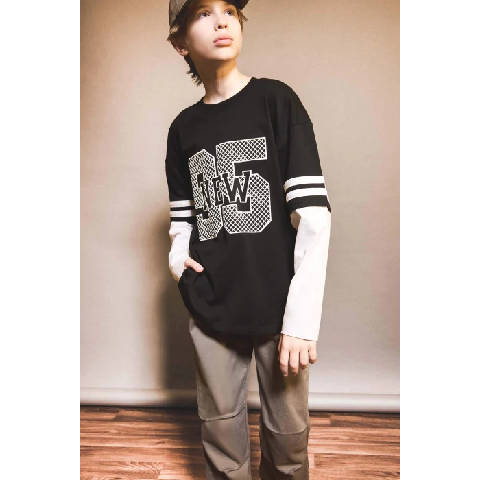 Defacto G1687A8BK81 Siyah Erkek Çocuk Oversize Geniş Kalıp Bisiklet Yaka Baskılı Uzun Kollu Tişört