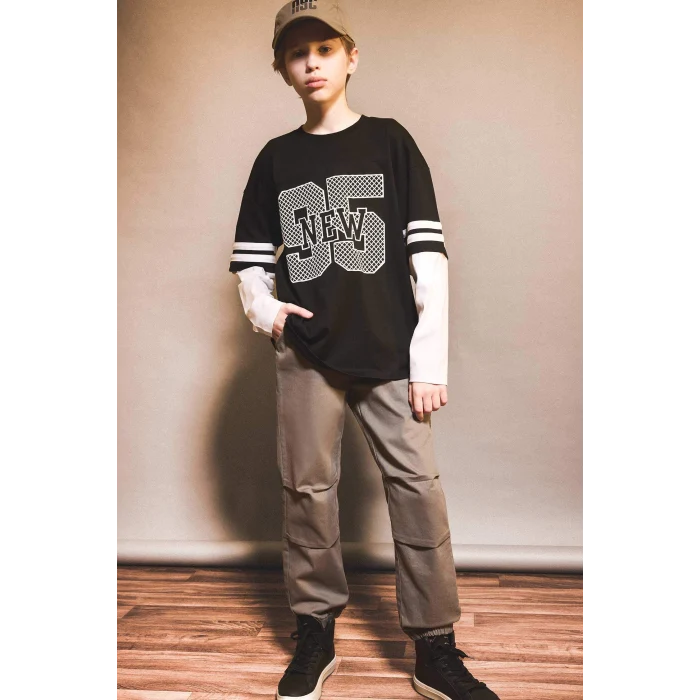 Defacto G1687A8BK81 Siyah Erkek Çocuk Oversize Geniş Kalıp Bisiklet Yaka Baskılı Uzun Kollu Tişört