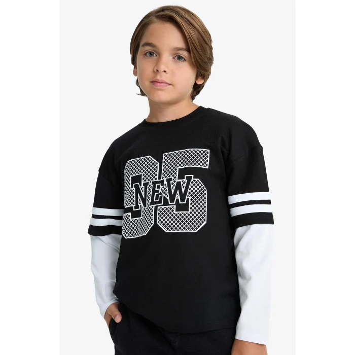 Defacto G1687A8BK81 Siyah Erkek Çocuk Oversize Geniş Kalıp Bisiklet Yaka Baskılı Uzun Kollu Tişört