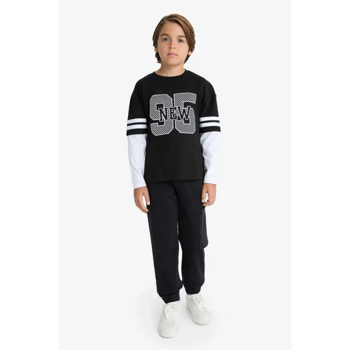 Defacto G1687A8BK81 Siyah Erkek Çocuk Oversize Geniş Kalıp Bisiklet Yaka Baskılı Uzun Kollu Tişört