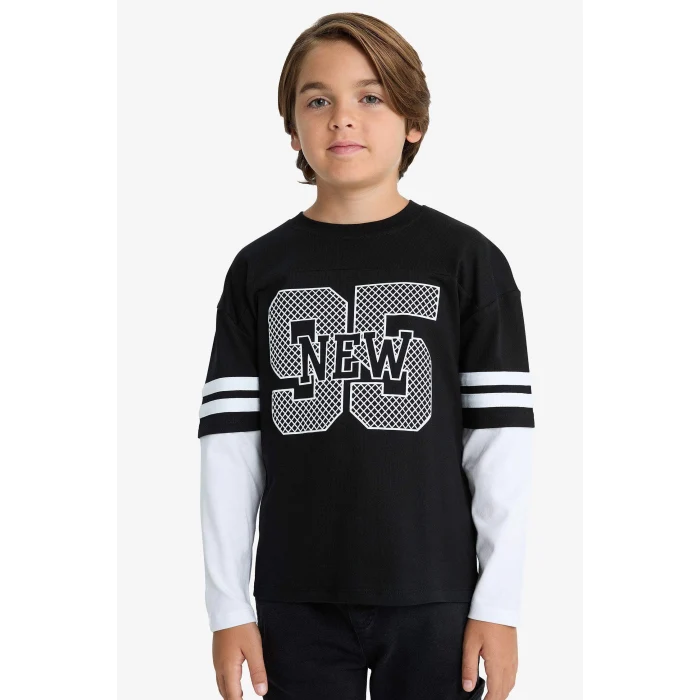 Defacto G1687A8BK81 Siyah Erkek Çocuk Oversize Geniş Kalıp Bisiklet Yaka Baskılı Uzun Kollu Tişört