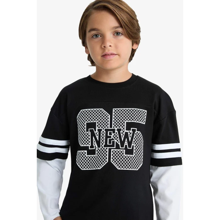 Defacto G1687A8BK81 Siyah Erkek Çocuk Oversize Geniş Kalıp Bisiklet Yaka Baskılı Uzun Kollu Tişört