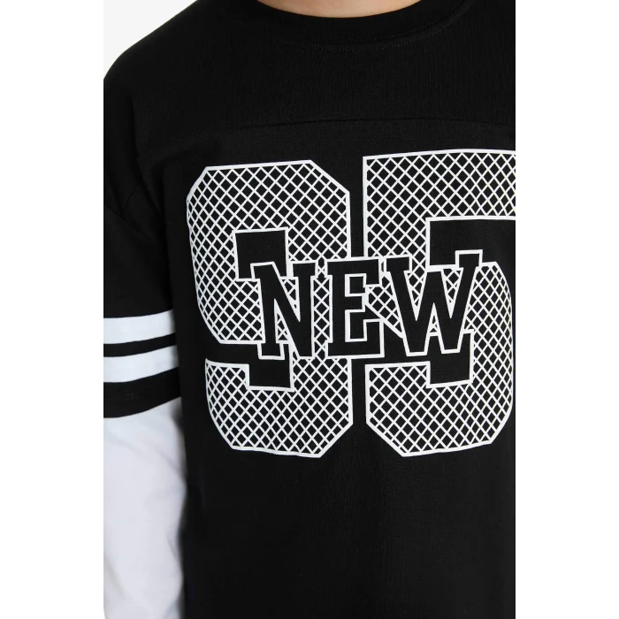 Defacto G1687A8BK81 Siyah Erkek Çocuk Oversize Geniş Kalıp Bisiklet Yaka Baskılı Uzun Kollu Tişört