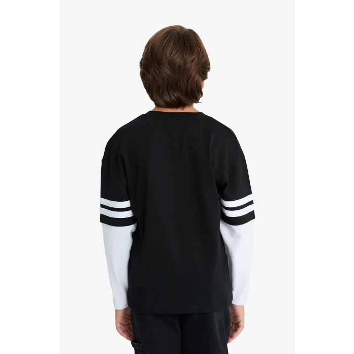 Defacto G1687A8BK81 Siyah Erkek Çocuk Oversize Geniş Kalıp Bisiklet Yaka Baskılı Uzun Kollu Tişört