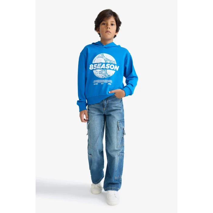 Defacto F2845A8BE59 Mavi Erkek Çocuk Kapüşonlu Baskılı Sweatshirt