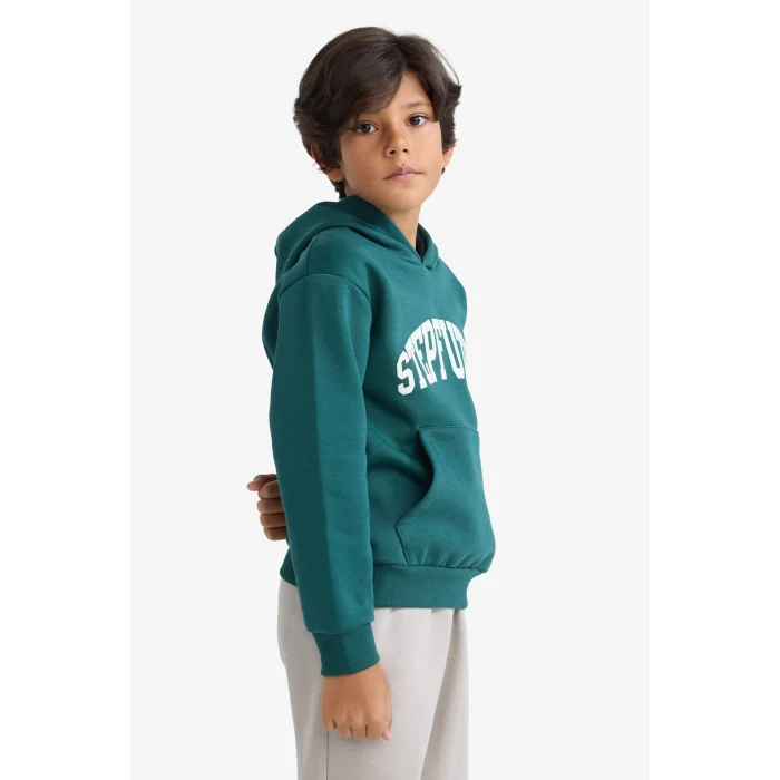 Defacto D3033A8GN155 Yeşil Erkek Çocuk Kapüşonlu İçi Yumuşak Tüylü Baskılı Sweatshirt