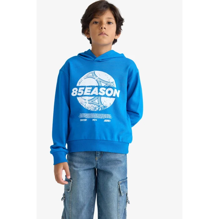 Defacto F2845A8BE59 Mavi Erkek Çocuk Kapüşonlu Baskılı Sweatshirt