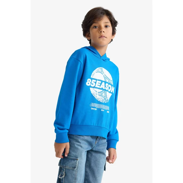 Defacto F2845A8BE59 Mavi Erkek Çocuk Kapüşonlu Baskılı Sweatshirt