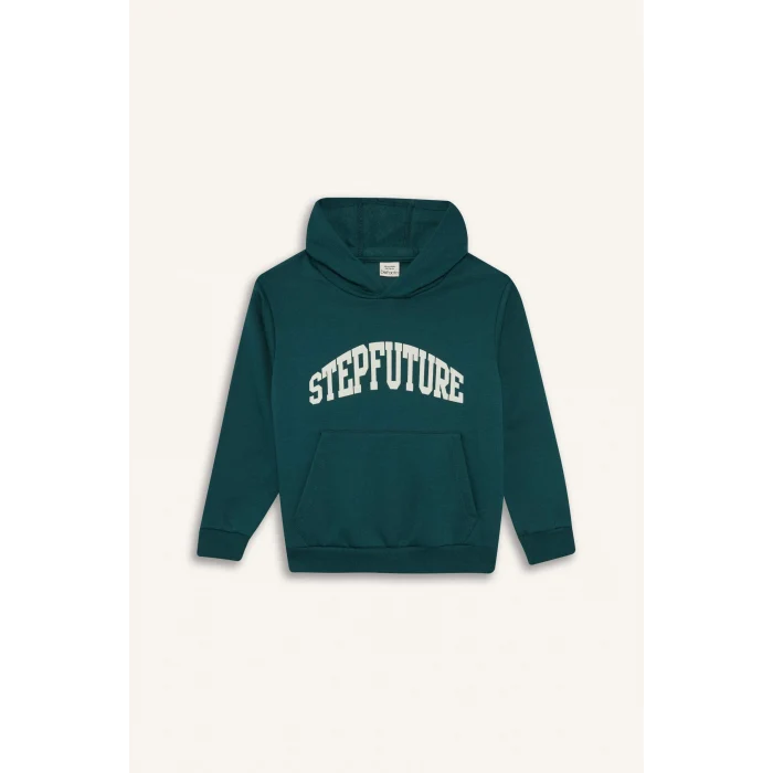Defacto D3033A8GN155 Yeşil Erkek Çocuk Kapüşonlu İçi Yumuşak Tüylü Baskılı Sweatshirt