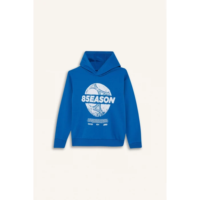 Defacto F2845A8BE59 Mavi Erkek Çocuk Kapüşonlu Baskılı Sweatshirt