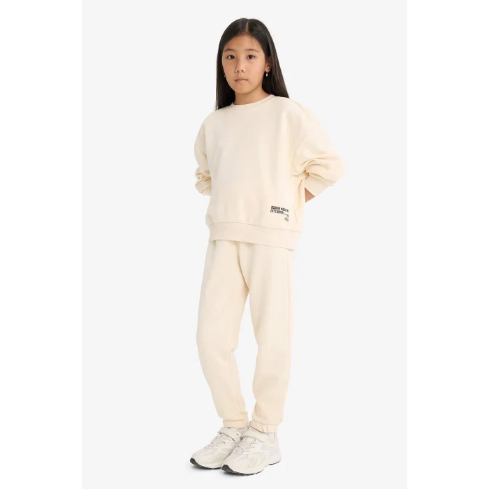 Defacto F2559A8ER42 Ekru Kız Çocuk 2li Takım Baskılı Sweatshirt Eşofman Altı