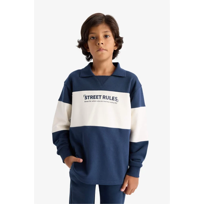 Defacto F2500A8NV147 Lacivert Erkek Çocuk 2li Takım Renk Bloklu Sweatshirt Eşofman Altı