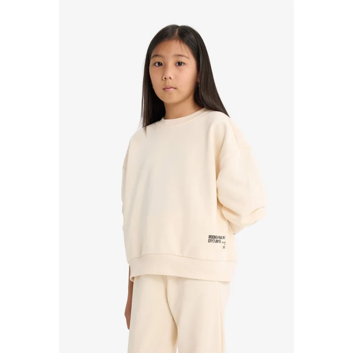 Defacto F2559A8ER42 Ekru Kız Çocuk 2li Takım Baskılı Sweatshirt Eşofman Altı