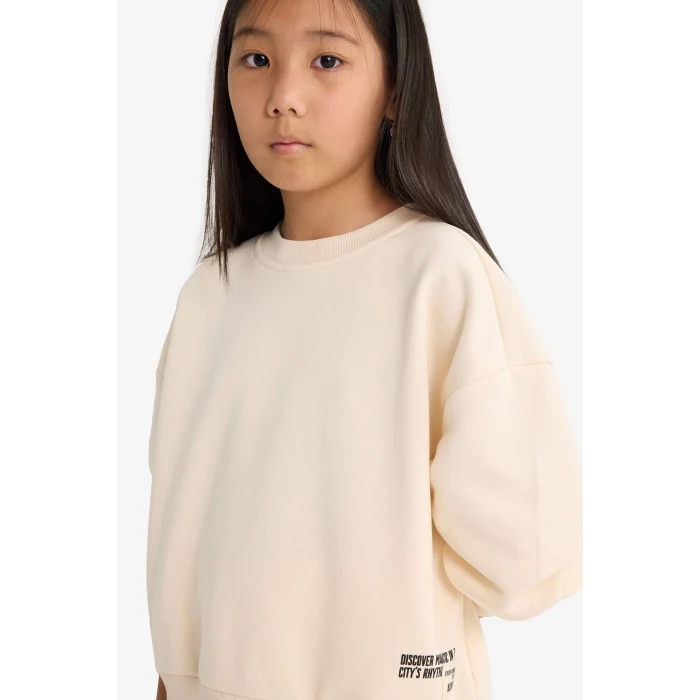 Defacto F2559A8ER42 Ekru Kız Çocuk 2li Takım Baskılı Sweatshirt Eşofman Altı