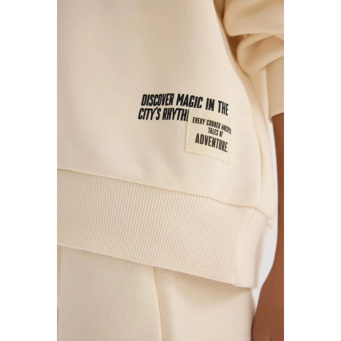 Defacto F2559A8ER42 Ekru Kız Çocuk 2li Takım Baskılı Sweatshirt Eşofman Altı