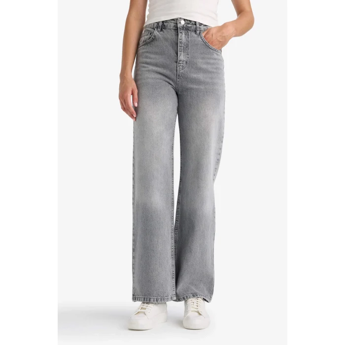 Defacto F5522AXNM55 Gri 90s Wide Leg Yüksek Bel Uzun Jean Yıkamalı Pantolon