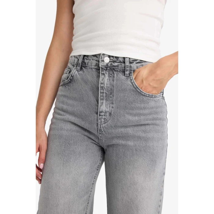 Defacto F5522AXNM55 Gri 90s Wide Leg Yüksek Bel Uzun Jean Yıkamalı Pantolon