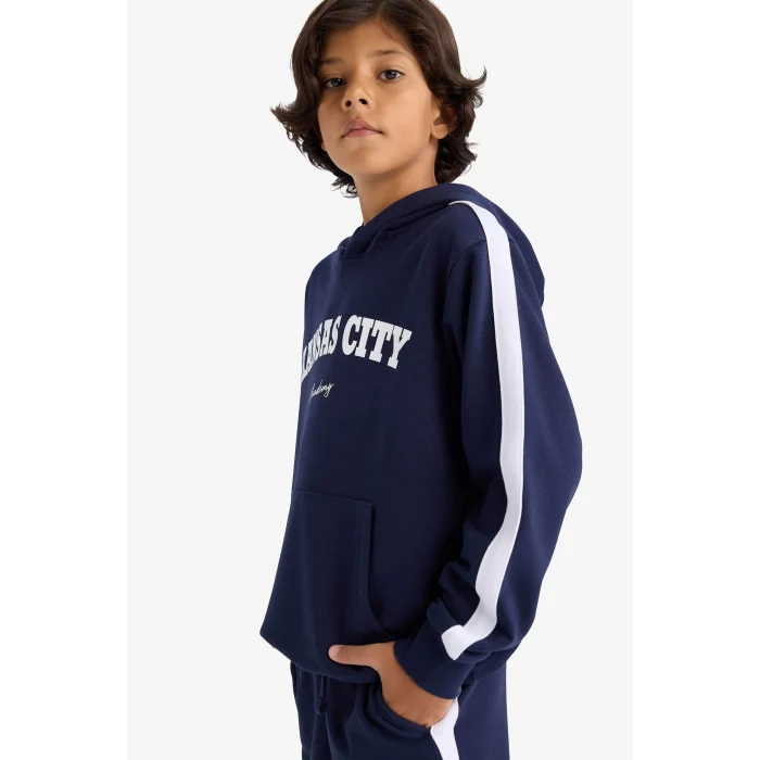Defacto F2503A8NV31 Lacivert Erkek Çocuk 2li Takım Kapüşonlu Baskılı Sweatshirt Eşofman Altı
