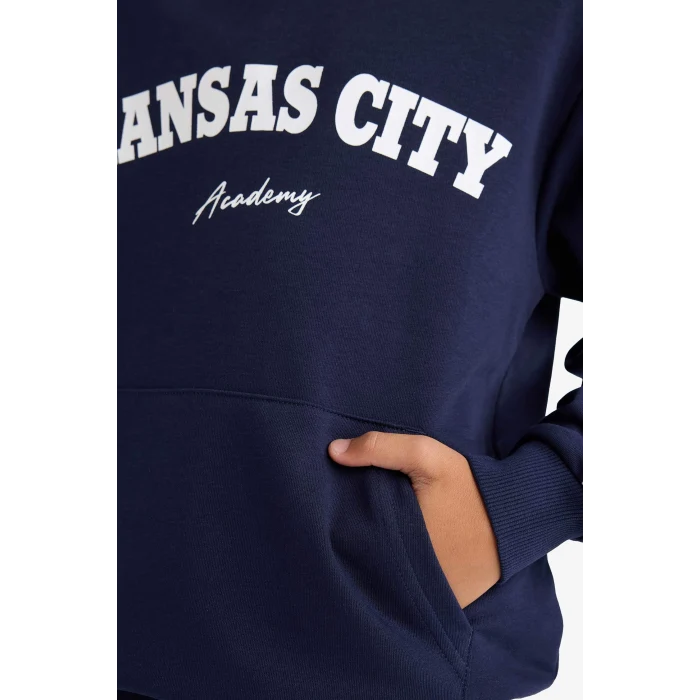 Defacto F2503A8NV31 Lacivert Erkek Çocuk 2li Takım Kapüşonlu Baskılı Sweatshirt Eşofman Altı