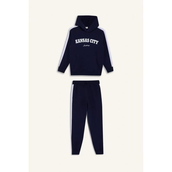 Defacto F2503A8NV31 Lacivert Erkek Çocuk 2li Takım Kapüşonlu Baskılı Sweatshirt Eşofman Altı