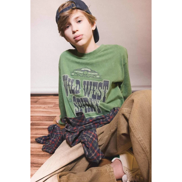 Defacto G1816A8GN957 Yeşil Erkek Çocuk Bisiklet Yaka Baskılı Uzun Kollu Tişört