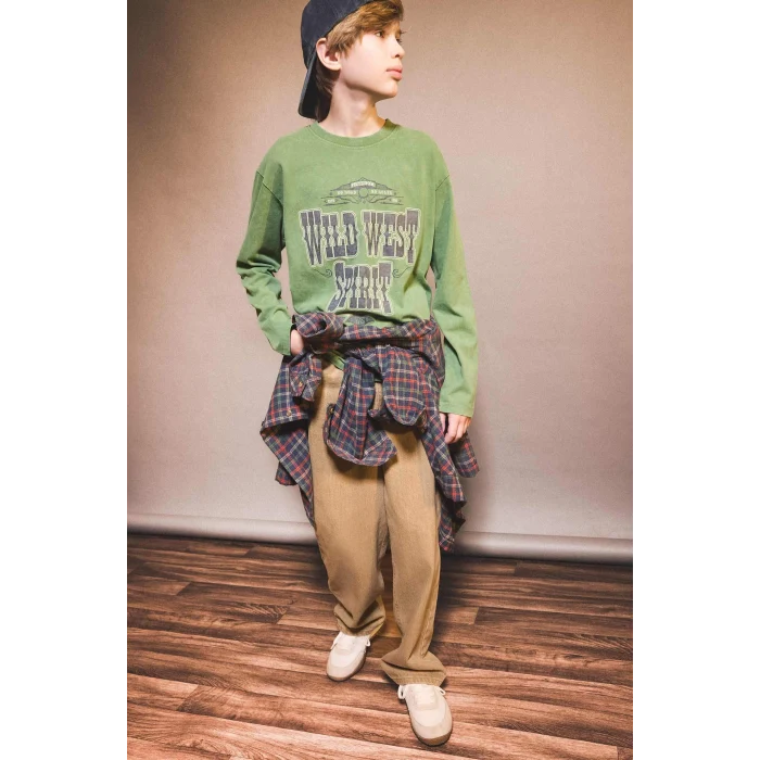 Defacto G1816A8GN957 Yeşil Erkek Çocuk Bisiklet Yaka Baskılı Uzun Kollu Tişört