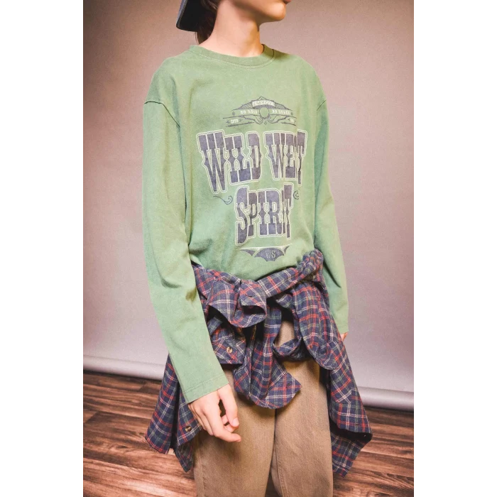 Defacto G1816A8GN957 Yeşil Erkek Çocuk Bisiklet Yaka Baskılı Uzun Kollu Tişört