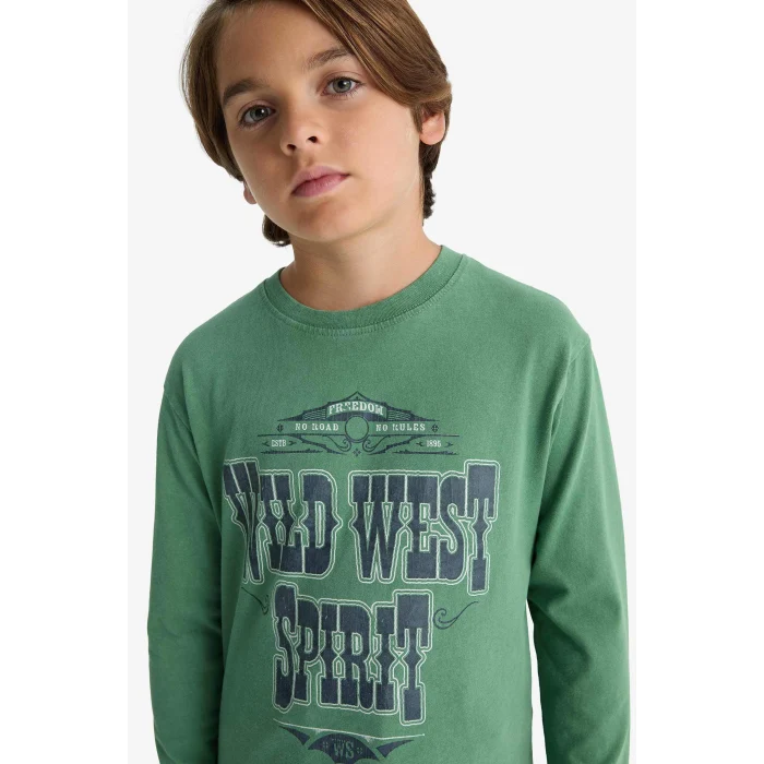 Defacto G1816A8GN957 Yeşil Erkek Çocuk Bisiklet Yaka Baskılı Uzun Kollu Tişört