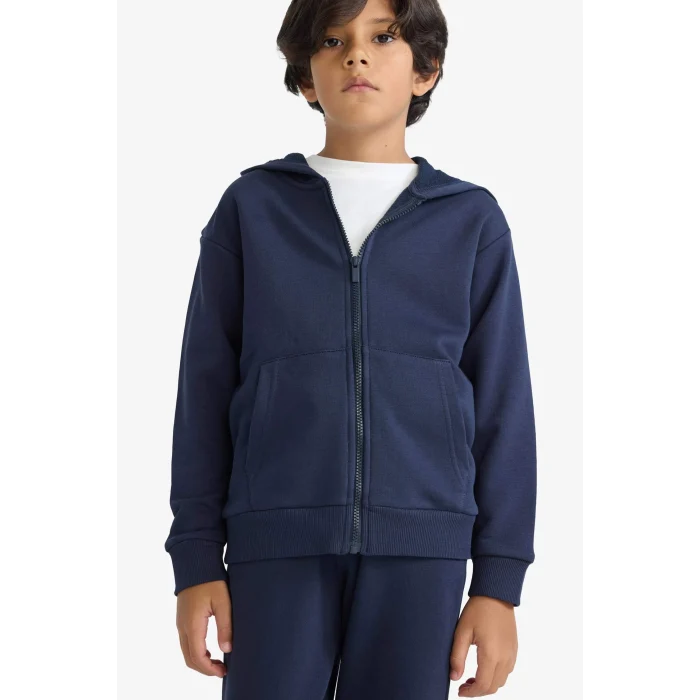 Defacto E9575A8NV253 Lacivert Erkek Çocuk Basic Düz Kapüşonlu Fermuarlı Sweatshirt