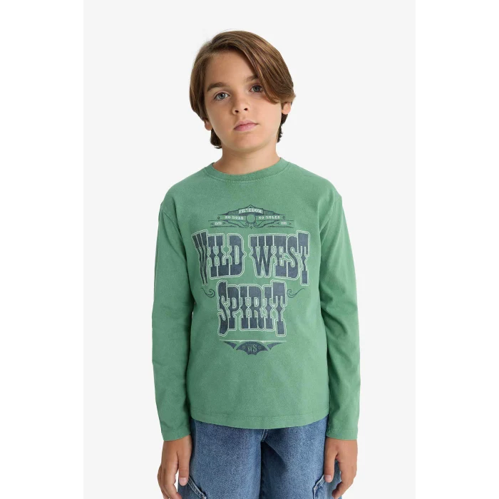Defacto G1816A8GN957 Yeşil Erkek Çocuk Bisiklet Yaka Baskılı Uzun Kollu Tişört