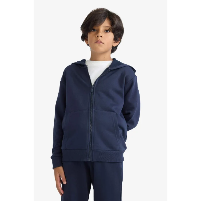 Defacto E9575A8NV253 Lacivert Erkek Çocuk Basic Düz Kapüşonlu Fermuarlı Sweatshirt