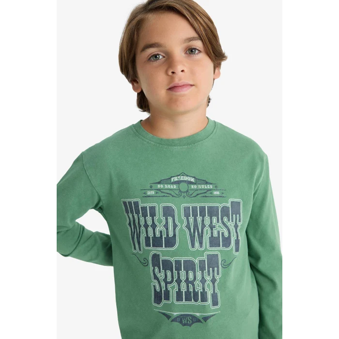 Defacto G1816A8GN957 Yeşil Erkek Çocuk Bisiklet Yaka Baskılı Uzun Kollu Tişört