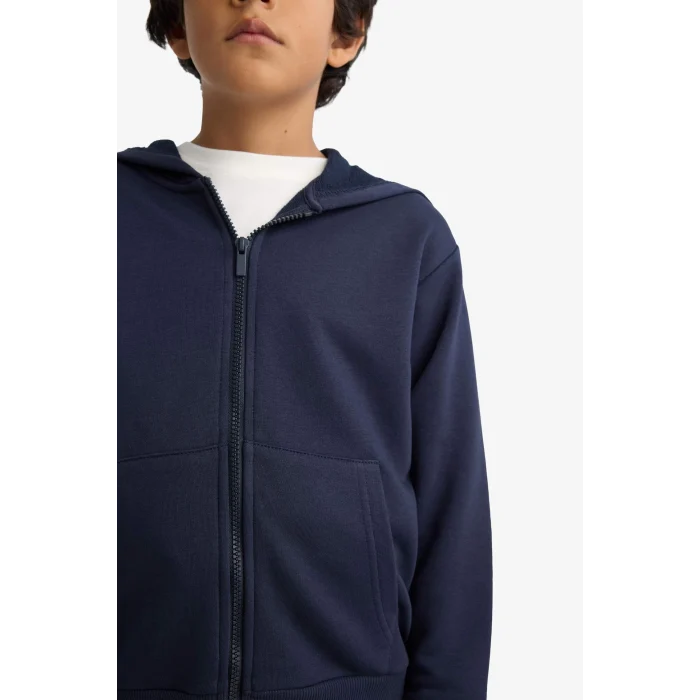 Defacto E9575A8NV253 Lacivert Erkek Çocuk Basic Düz Kapüşonlu Fermuarlı Sweatshirt