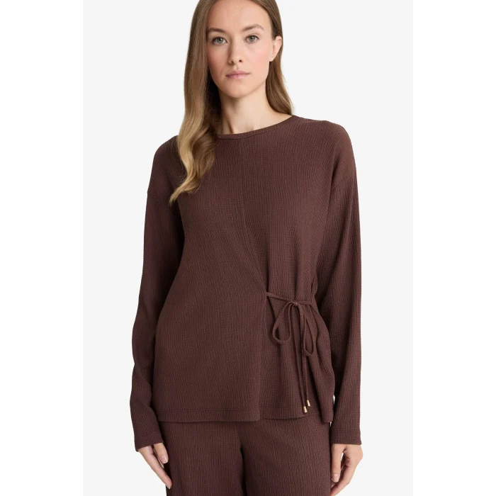 Defacto G1800AXBN539 Kahve Regular Fit Bisiklet Yaka Bürümcük Uzun Kollu Tişört