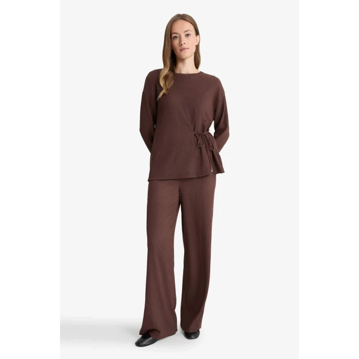 Defacto G1800AXBN539 Kahve Regular Fit Bisiklet Yaka Bürümcük Uzun Kollu Tişört