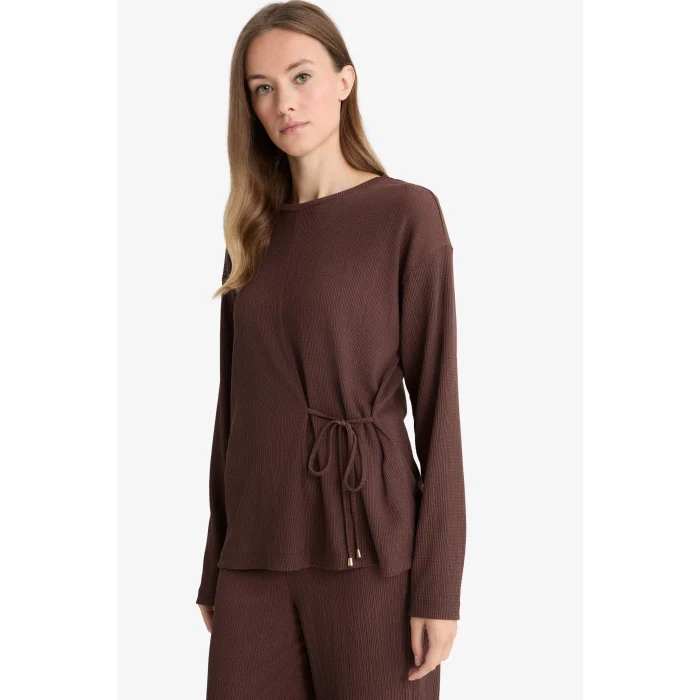 Defacto G1800AXBN539 Kahve Regular Fit Bisiklet Yaka Bürümcük Uzun Kollu Tişört