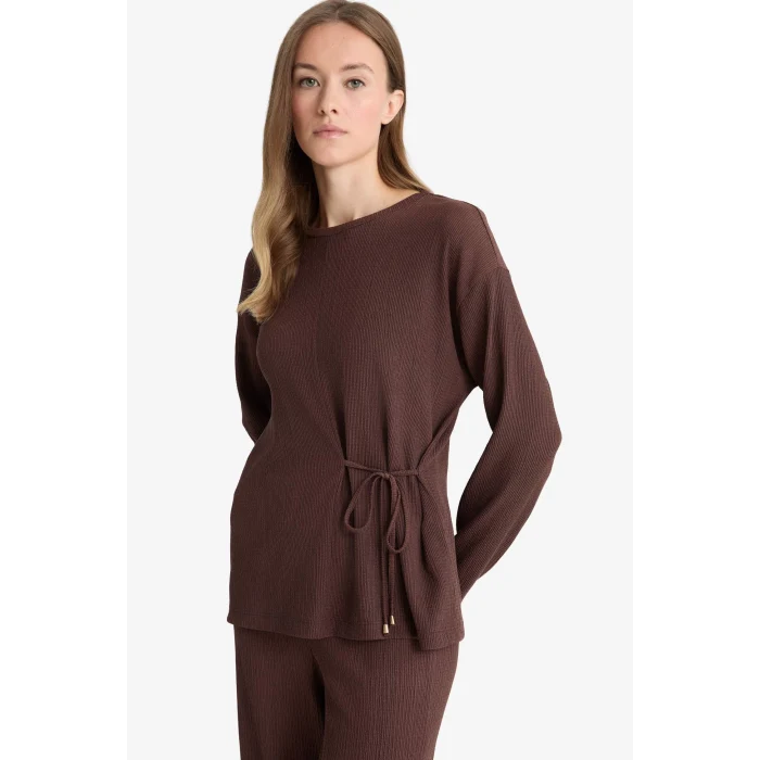 Defacto G1800AXBN539 Kahve Regular Fit Bisiklet Yaka Bürümcük Uzun Kollu Tişört