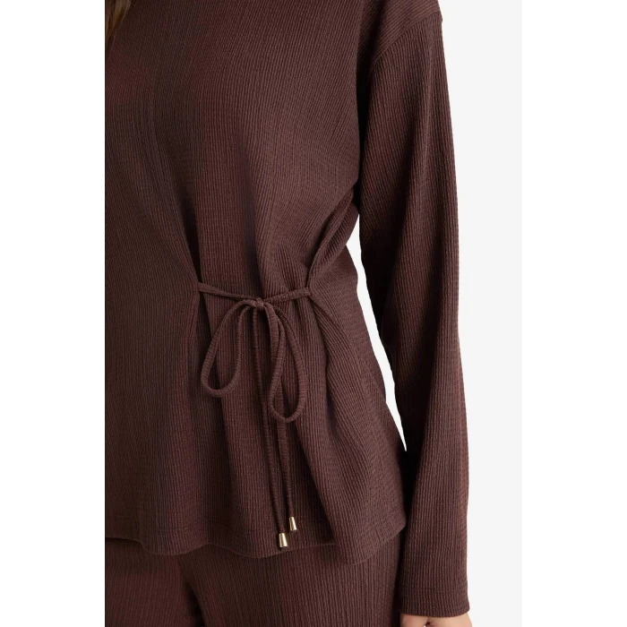 Defacto G1800AXBN539 Kahve Regular Fit Bisiklet Yaka Bürümcük Uzun Kollu Tişört